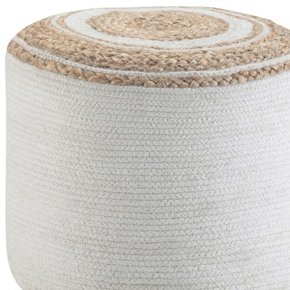 18" Natural and Off White Jute and Cotton Color Block Round Pouf Ottoman HomeRoots