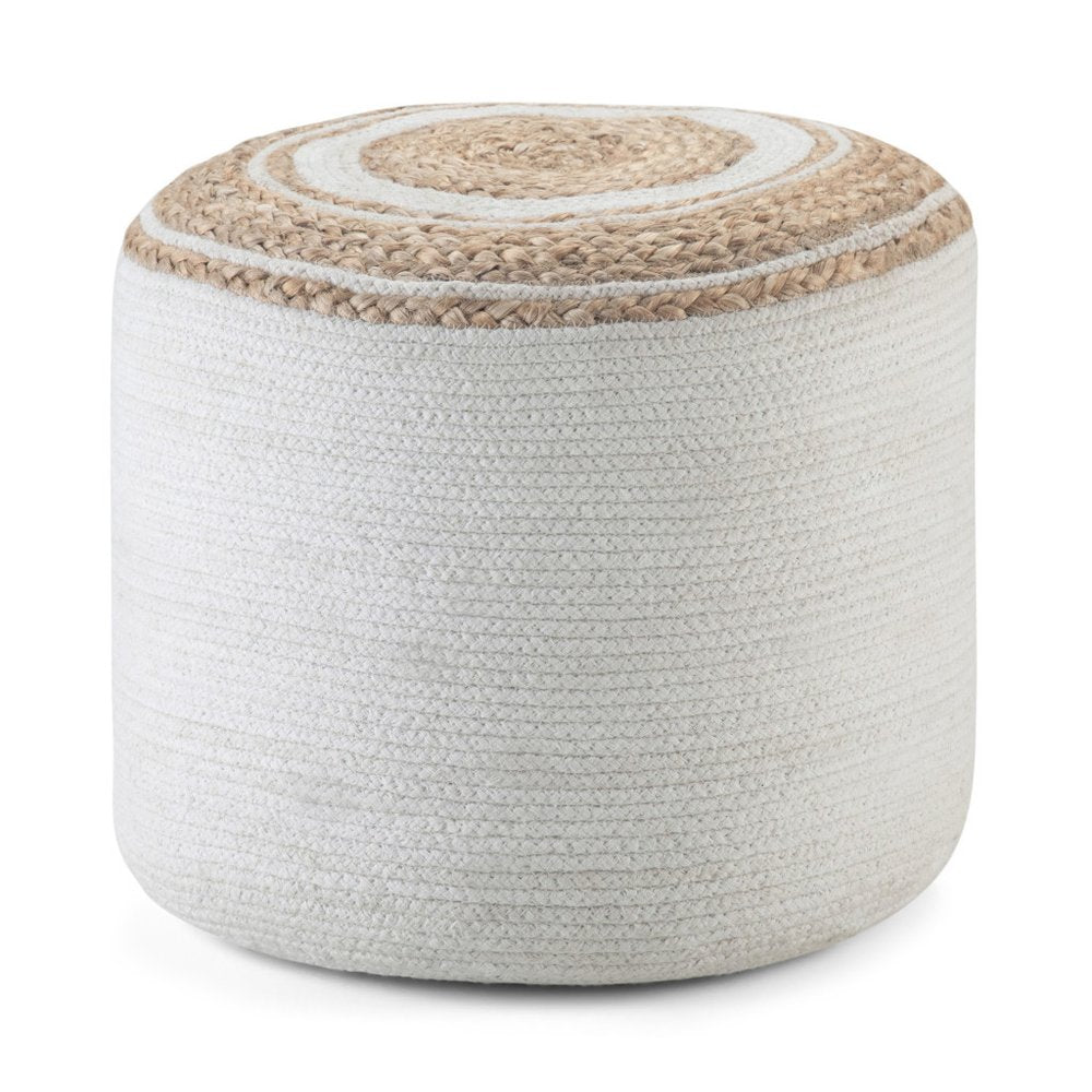 18" Natural and Off White Jute and Cotton Color Block Round Pouf Ottoman HomeRoots