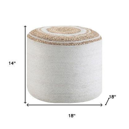 18" Natural and Off White Jute and Cotton Color Block Round Pouf Ottoman HomeRoots