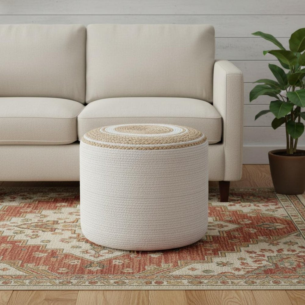 18" Natural and Off White Jute and Cotton Color Block Round Pouf Ottoman HomeRoots