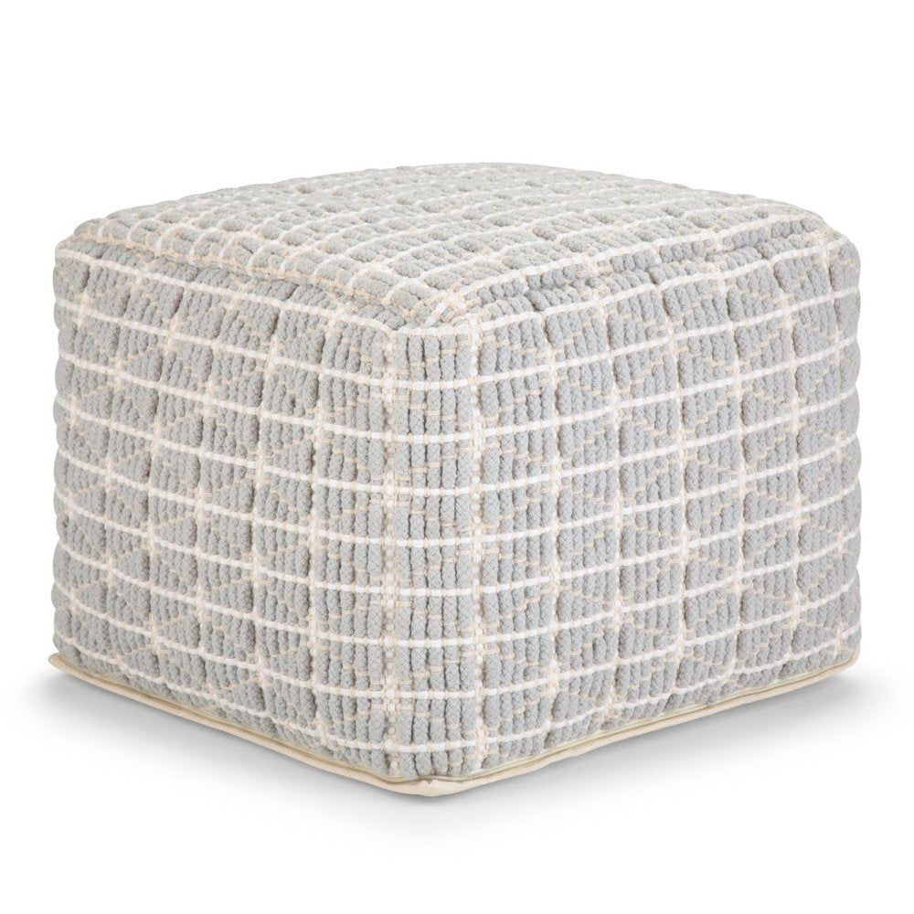 18" Light Blue and White Cotton Geometric Pouf Ottoman — view 1
