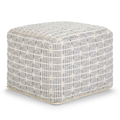 18" Light Blue and White Cotton Geometric Pouf Ottoman HomeRoots
