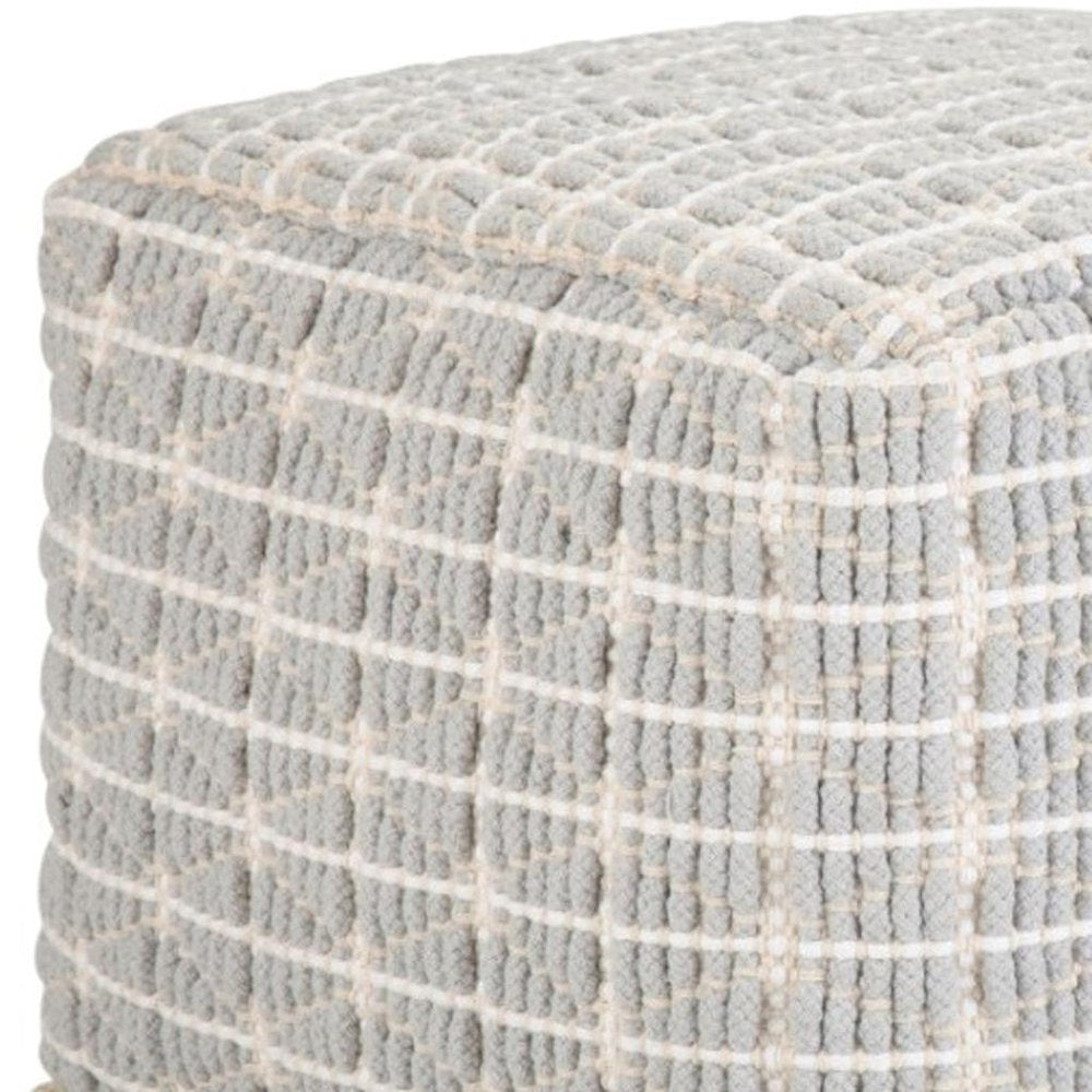18" Light Blue and White Cotton Geometric Pouf Ottoman HomeRoots
