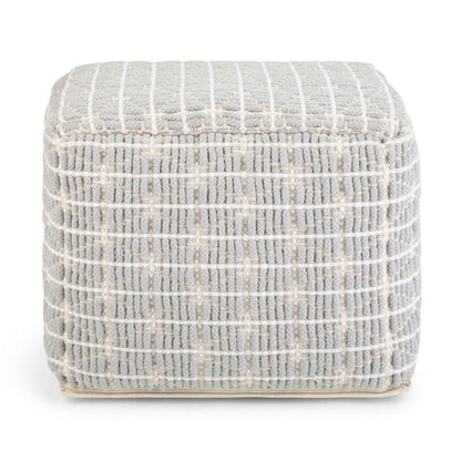 18" Light Blue and White Cotton Geometric Pouf Ottoman