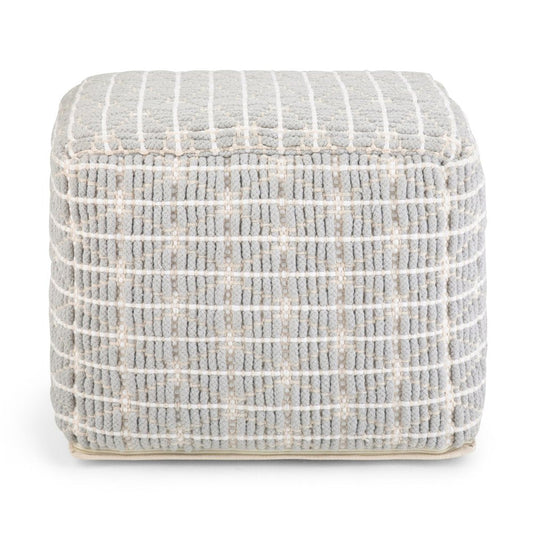 18" Light Blue and White Cotton Geometric Pouf Ottoman
