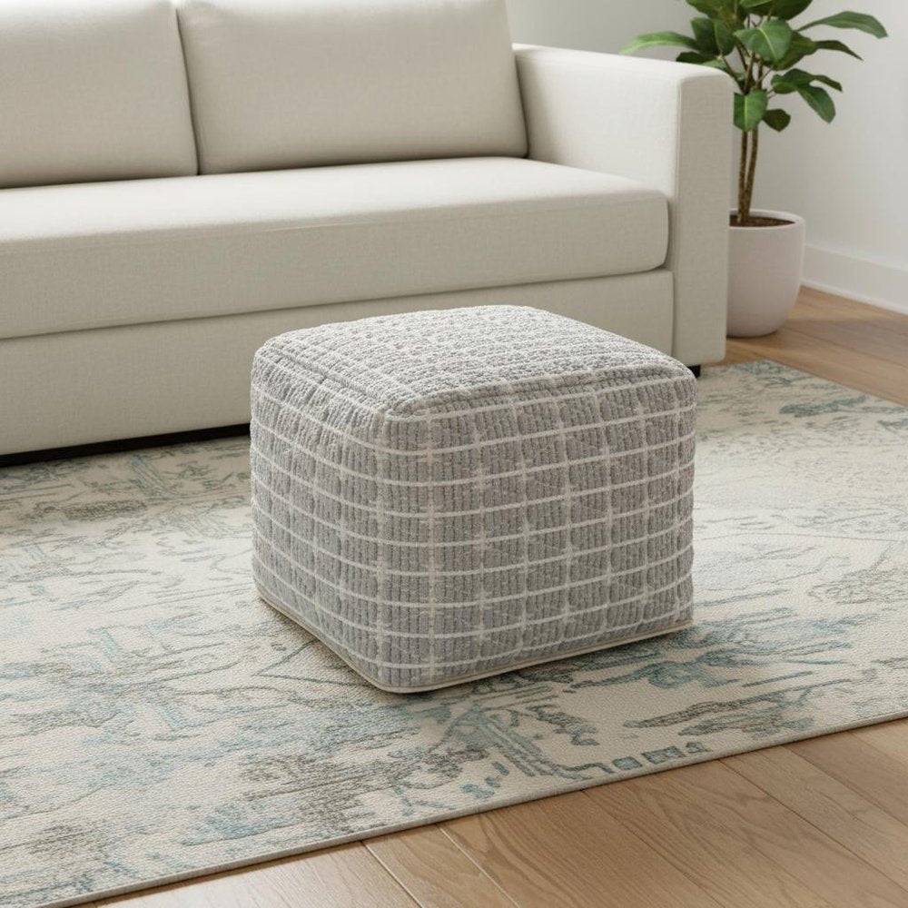 18" Light Blue and White Cotton Geometric Pouf Ottoman HomeRoots