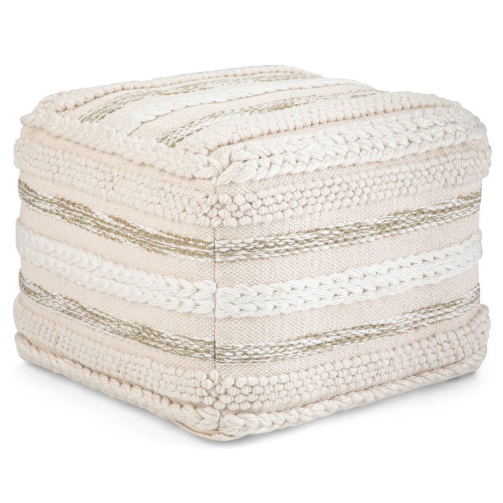 18" Beige Brown and White Cotton Striped Pouf Ottoman — view 1