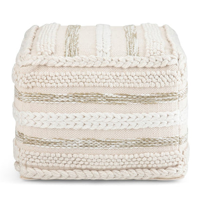 18" Beige Brown and White Cotton Striped Pouf Ottoman HomeRoots