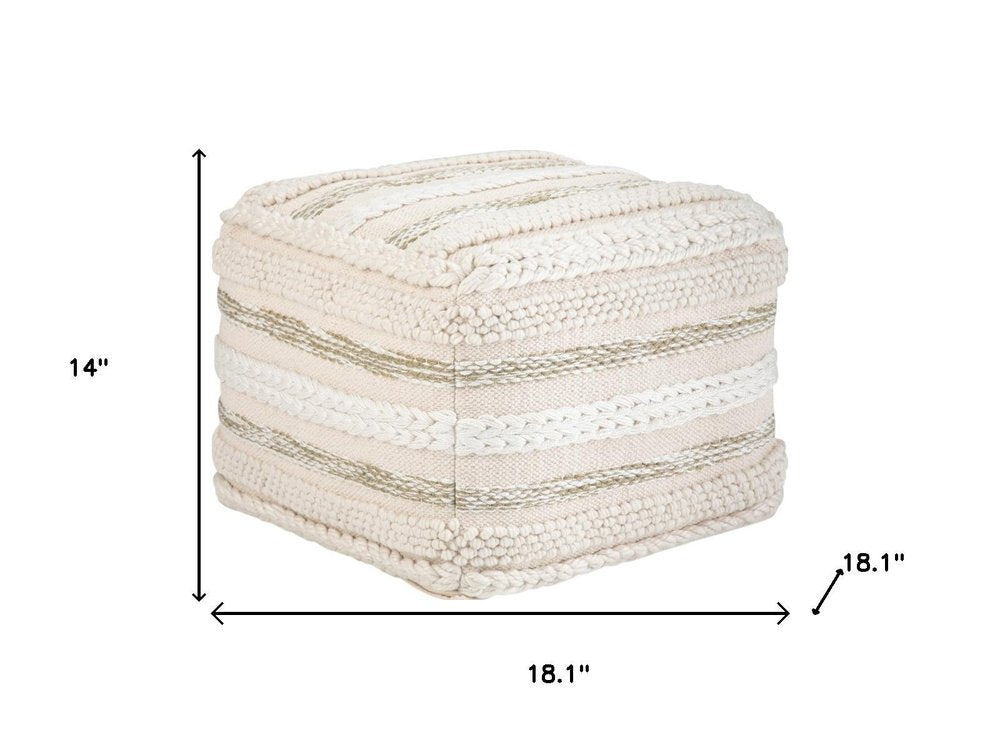 18" Beige Brown and White Cotton Striped Pouf Ottoman HomeRoots