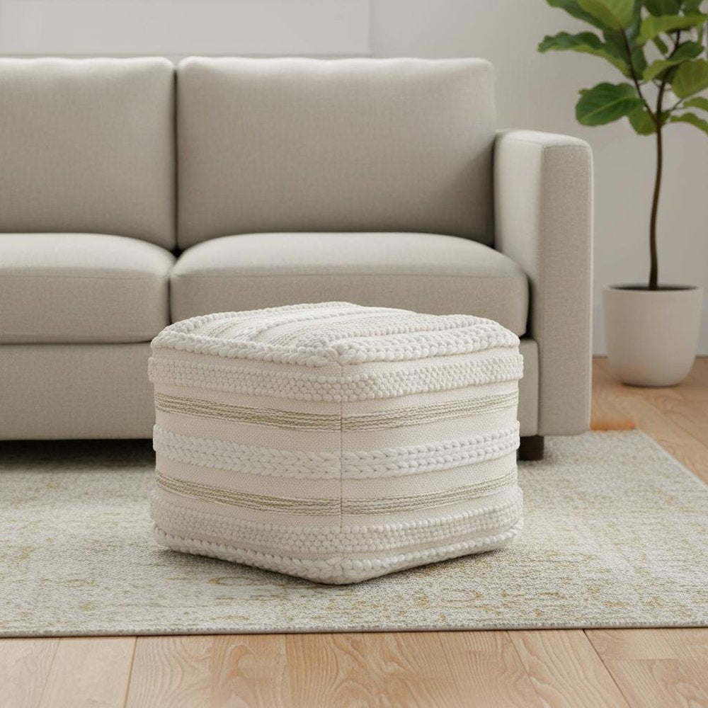 18" Beige Brown and White Cotton Striped Pouf Ottoman HomeRoots