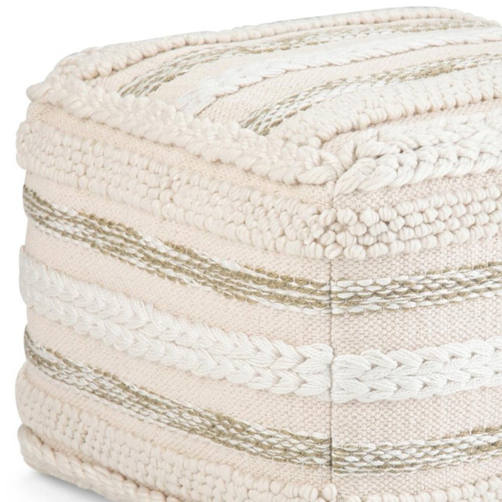 18" Beige Brown and White Cotton Striped Pouf Ottoman HomeRoots