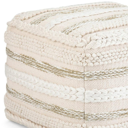 18" Beige Brown and White Cotton Striped Pouf Ottoman HomeRoots