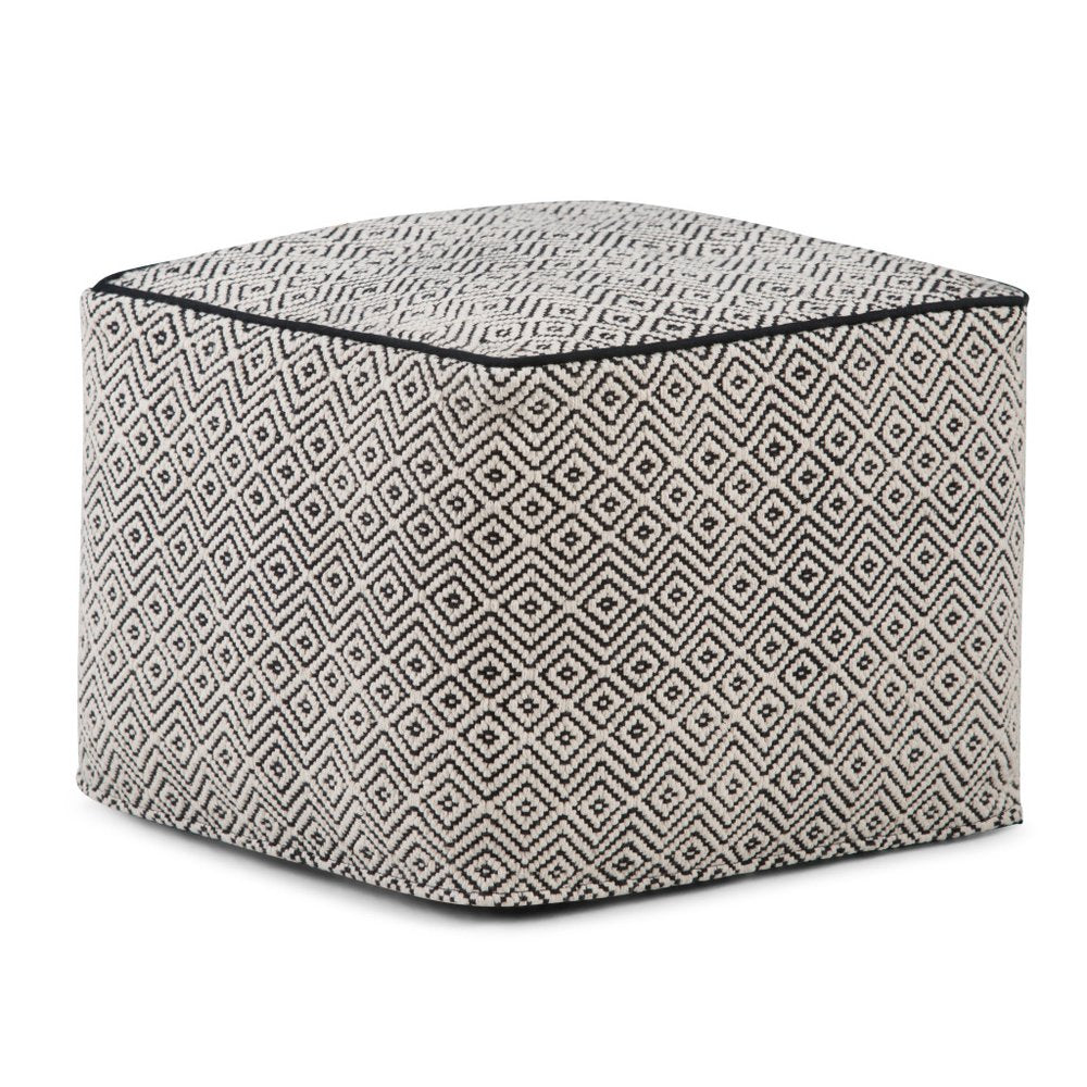 18" Black and White Cotton Geometric Pouf Ottoman HomeRoots