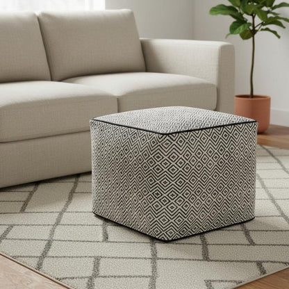18" Black and White Cotton Geometric Pouf Ottoman HomeRoots