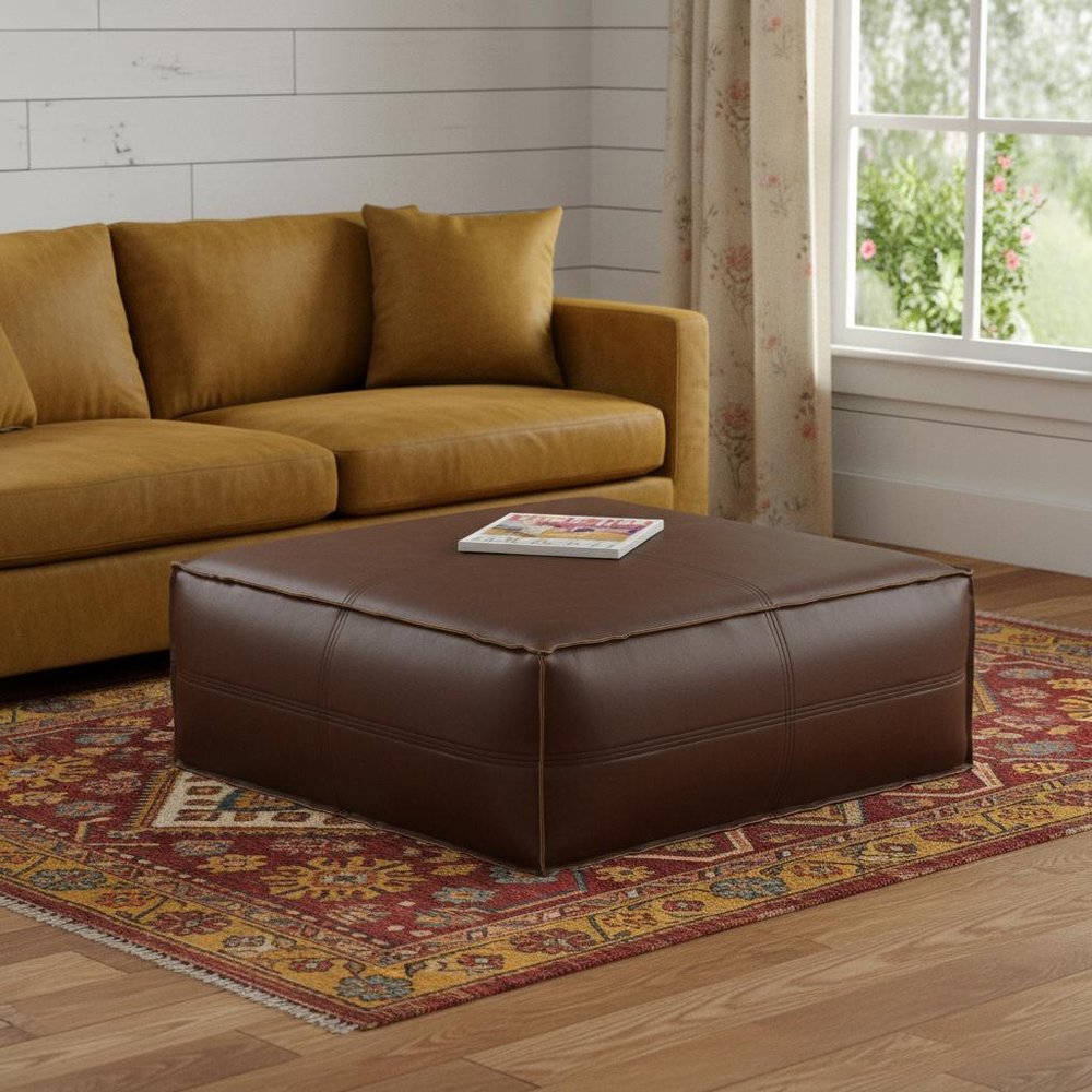 36" Brown Faux Leather Pouf Ottoman HomeRoots