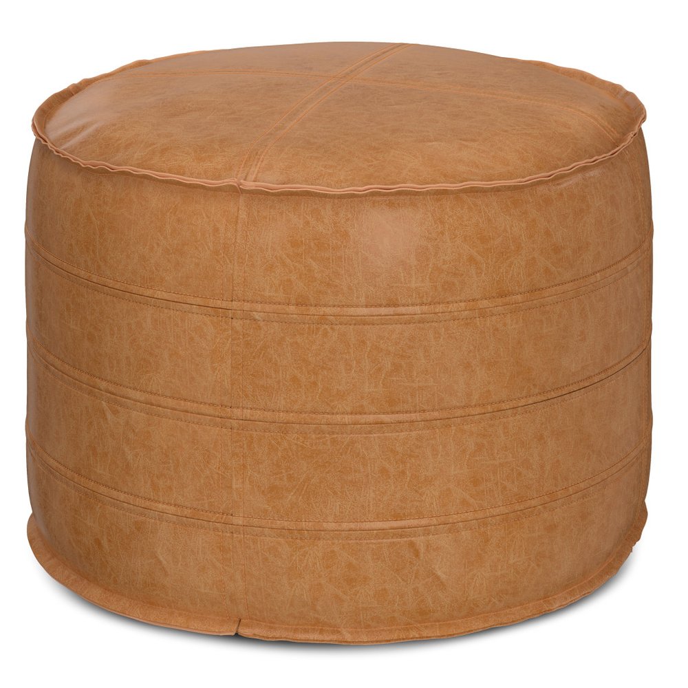 20" Brown Faux Leather Round Pouf Ottoman HomeRoots