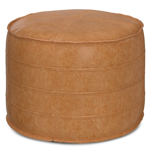 20" Brown Faux Leather Round Pouf Ottoman