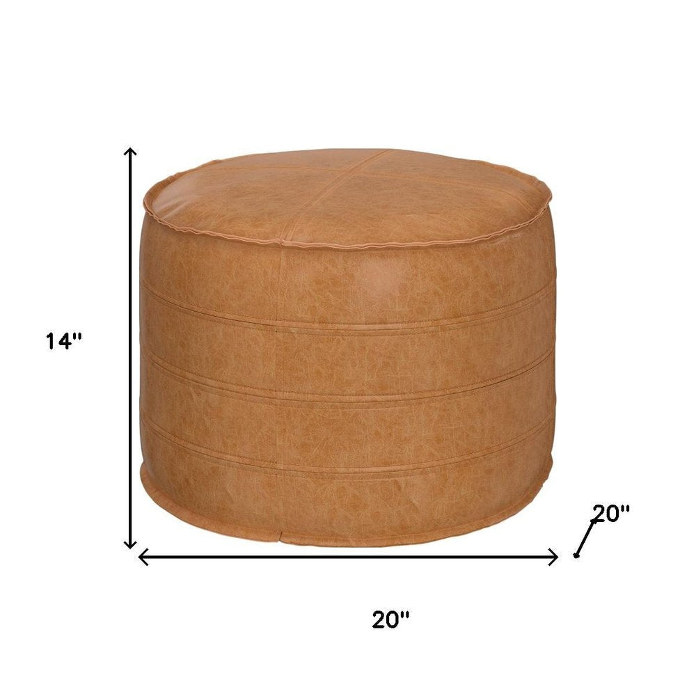 20" Brown Faux Leather Round Pouf Ottoman — view 9