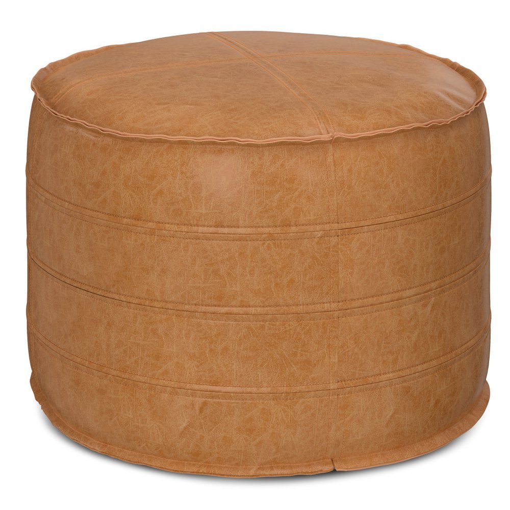 20" Brown Faux Leather Round Pouf Ottoman — view 4