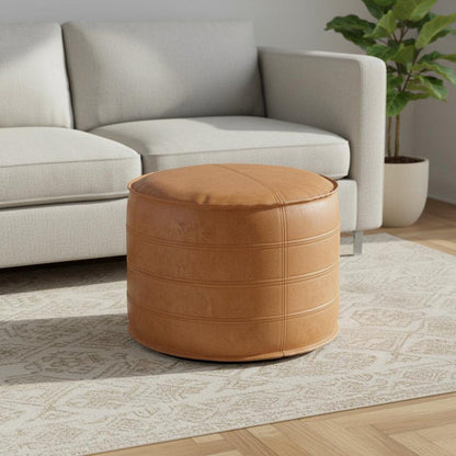 20" Brown Faux Leather Round Pouf Ottoman HomeRoots