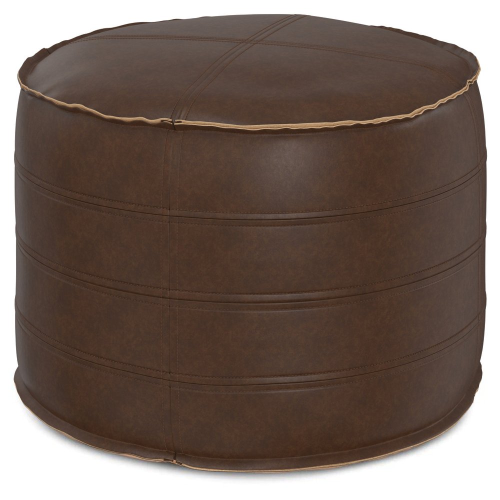 20" Brown Faux Leather Round Pouf Ottoman — view 10
