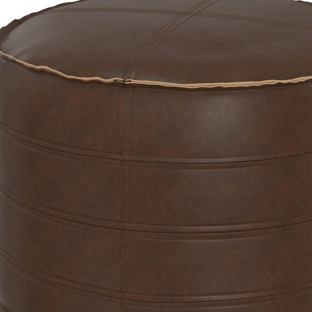 20" Brown Faux Leather Round Pouf Ottoman HomeRoots