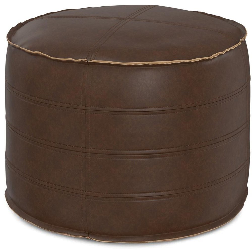 20" Brown Faux Leather Round Pouf Ottoman HomeRoots