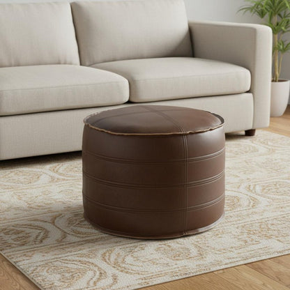 20" Brown Faux Leather Round Pouf Ottoman HomeRoots