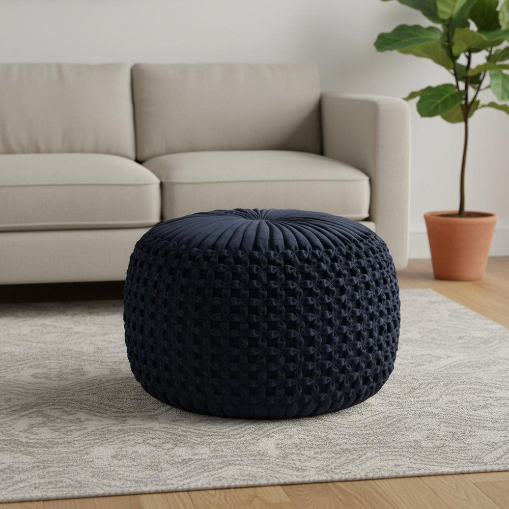 20" Teal Blue Velvet Tufted Round Pouf Ottoman — view 4