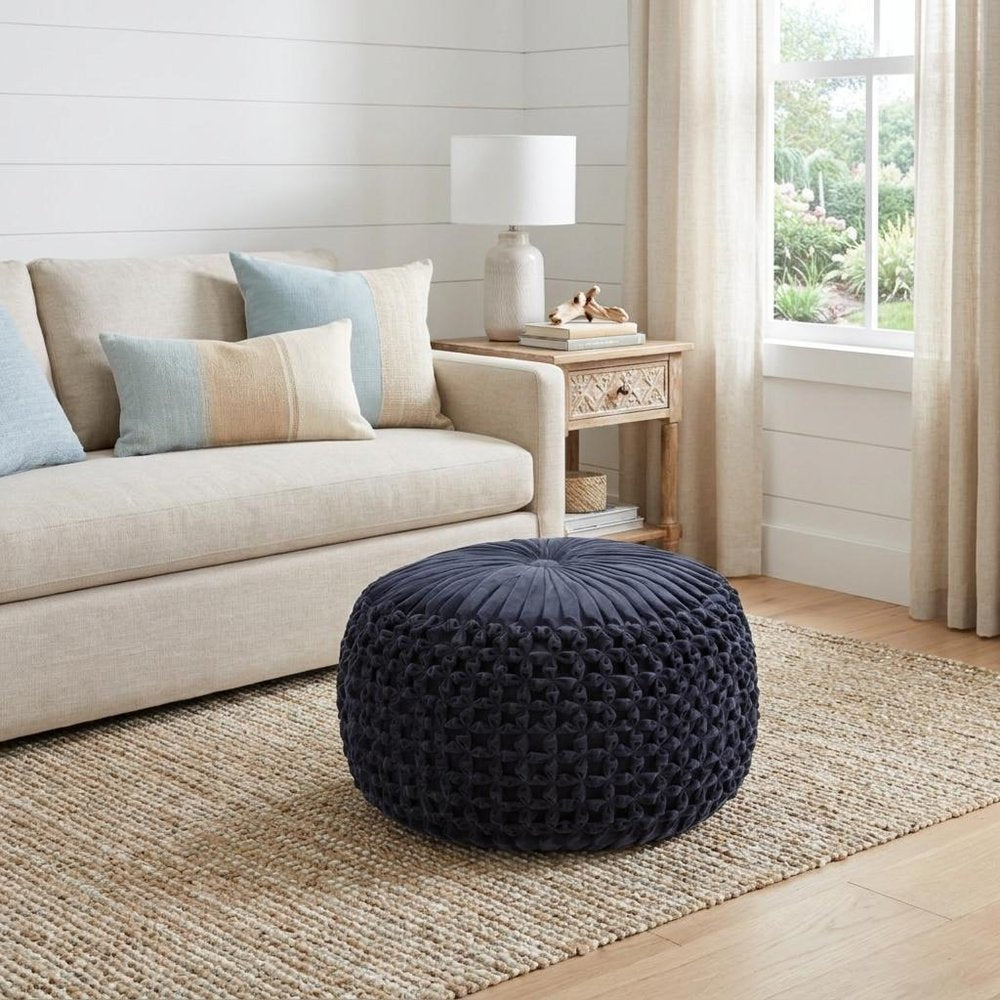 20" Teal Blue Velvet Tufted Round Pouf Ottoman — view 7