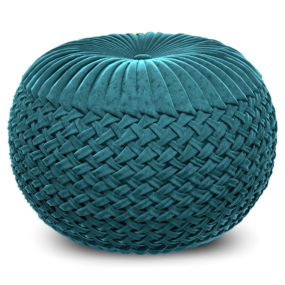 20" Teal Blue Velvet Tufted Round Pouf Ottoman HomeRoots
