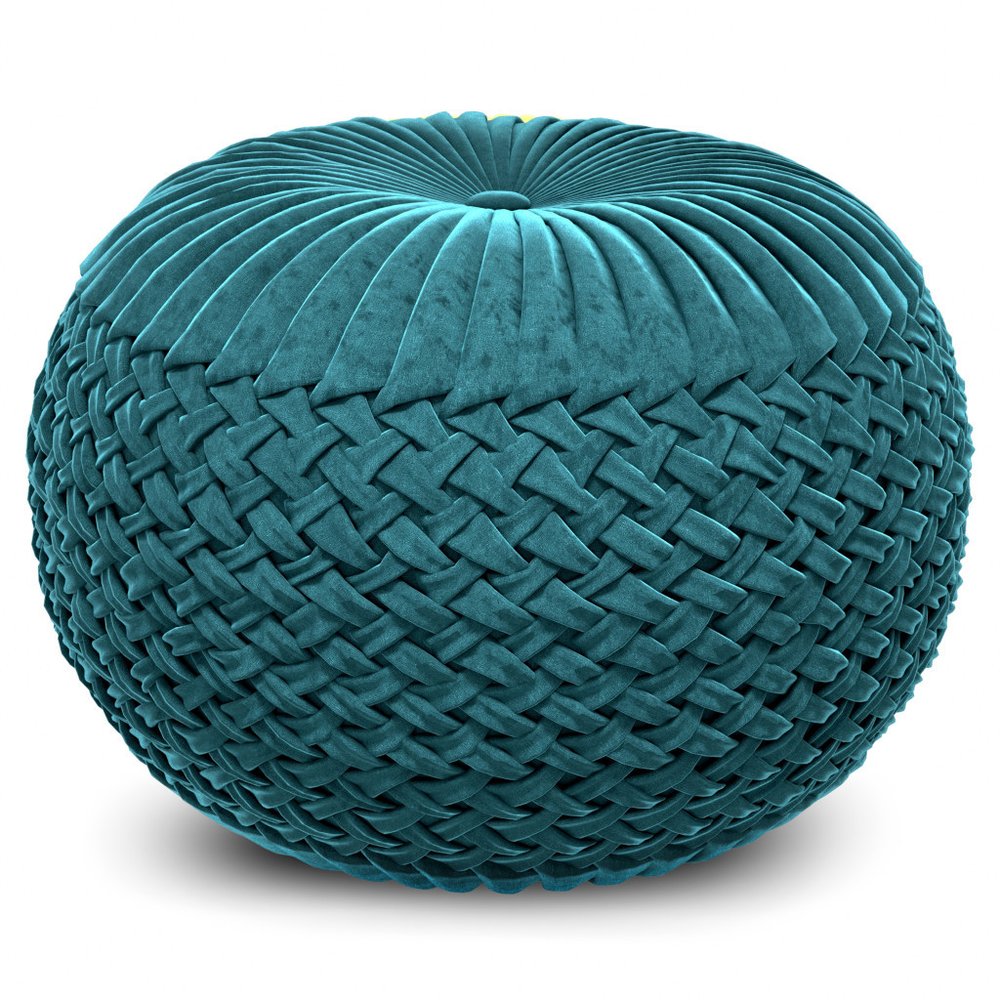 20" Teal Blue Velvet Tufted Round Pouf Ottoman HomeRoots