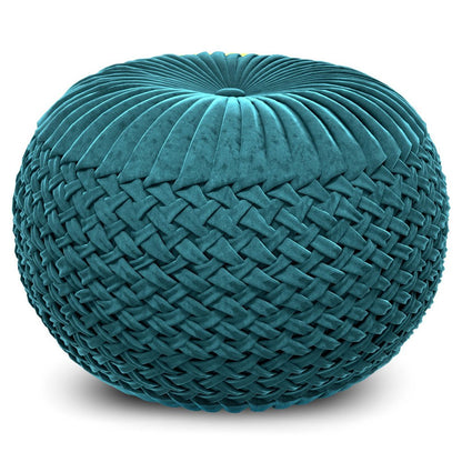 20" Teal Blue Velvet Tufted Round Pouf Ottoman HomeRoots