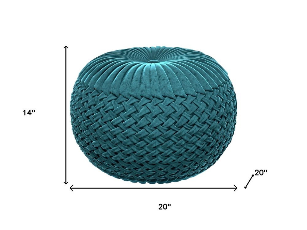 20" Teal Blue Velvet Tufted Round Pouf Ottoman — view 14