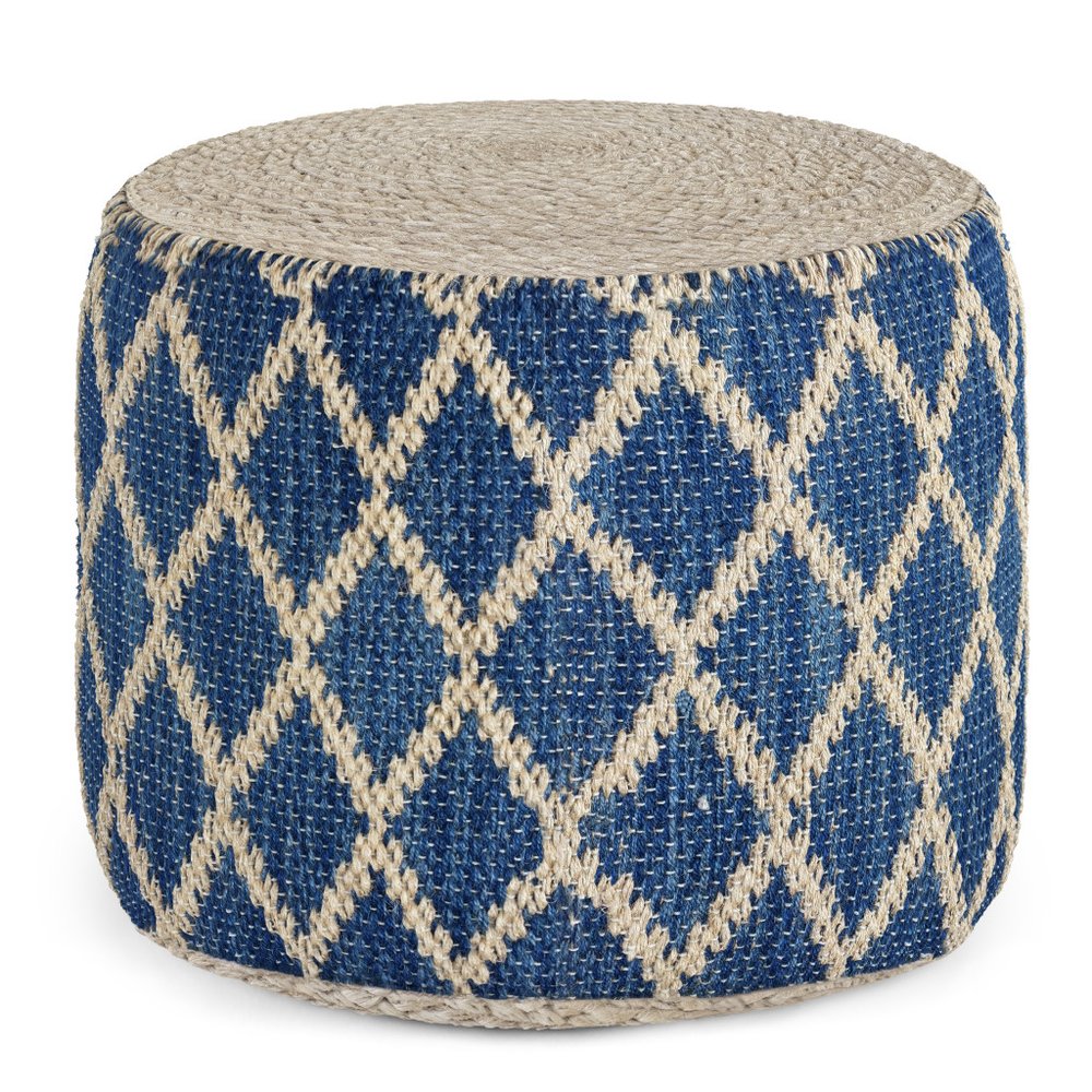 18" Blue and Natural Jute and Cotton Geometric Round Pouf Ottoman — view 1