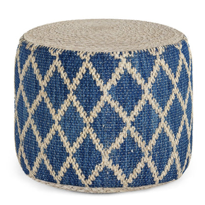 18" Blue and Natural Jute and Cotton Geometric Round Pouf Ottoman