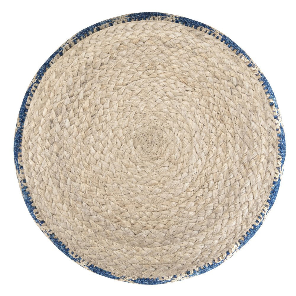 18" Blue and Natural Jute and Cotton Geometric Round Pouf Ottoman — view 2