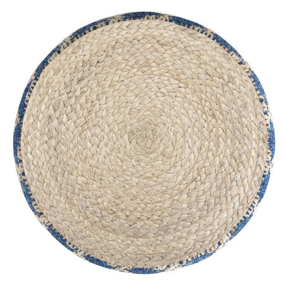 18" Blue and Natural Jute and Cotton Geometric Round Pouf Ottoman