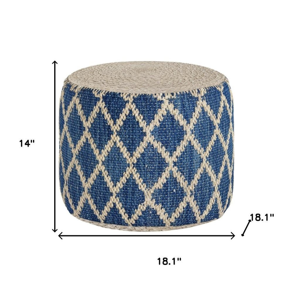 18" Blue and Natural Jute and Cotton Geometric Round Pouf Ottoman — view 7