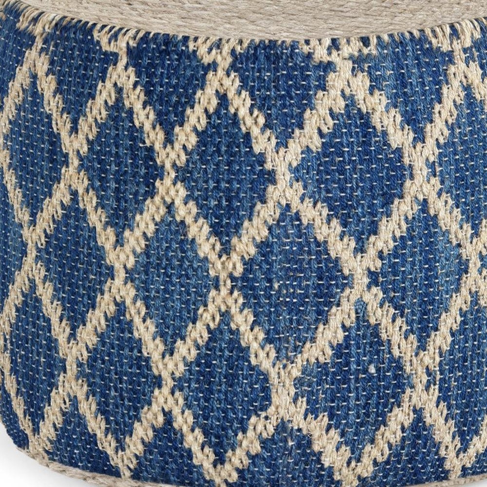18" Blue and Natural Jute and Cotton Geometric Round Pouf Ottoman — view 4