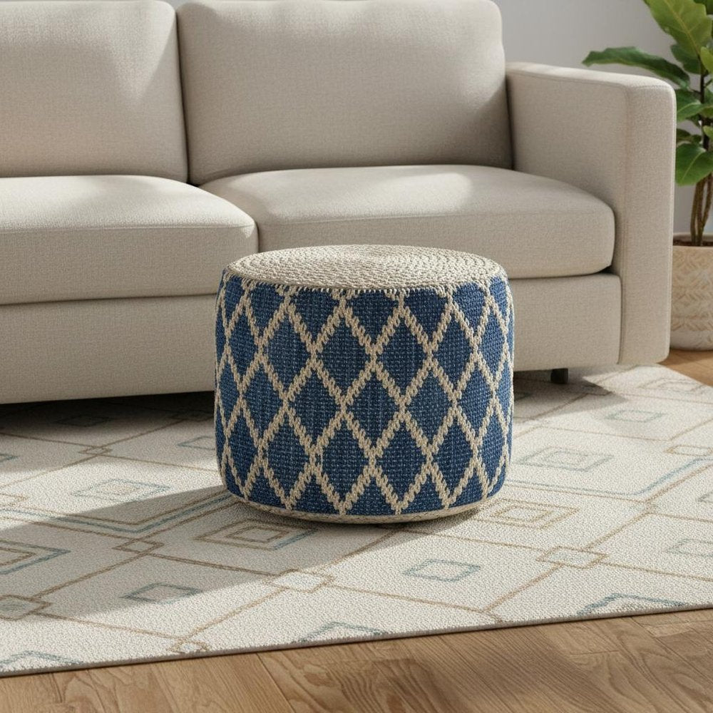 18" Blue and Natural Jute and Cotton Geometric Round Pouf Ottoman — view 5