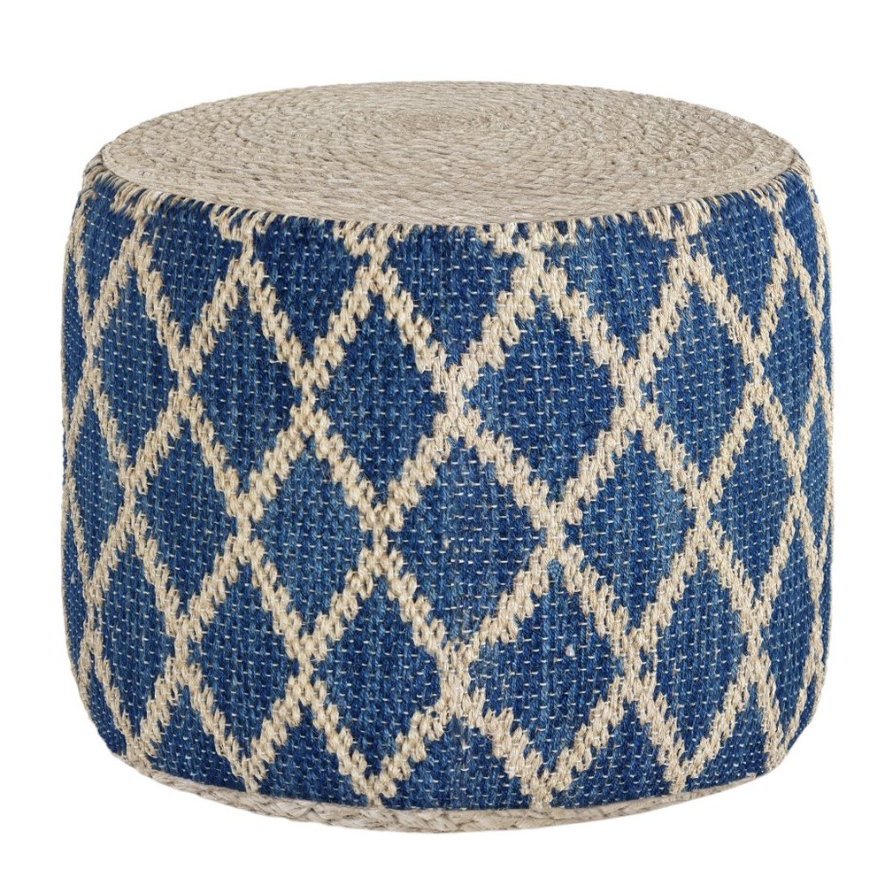 18" Blue and Natural Jute and Cotton Geometric Round Pouf Ottoman — view 6