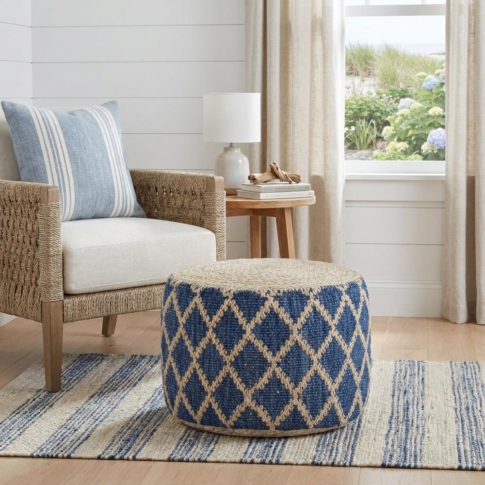 18" Blue and Natural Jute and Cotton Geometric Round Pouf Ottoman — view 8