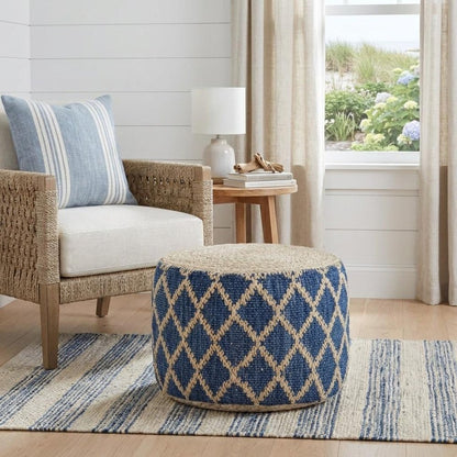 18" Blue and Natural Jute and Cotton Geometric Round Pouf Ottoman