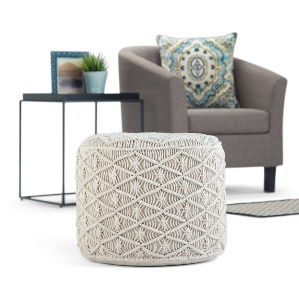 18" Off White Cotton Geometric Round Pouf Ottoman — view 2