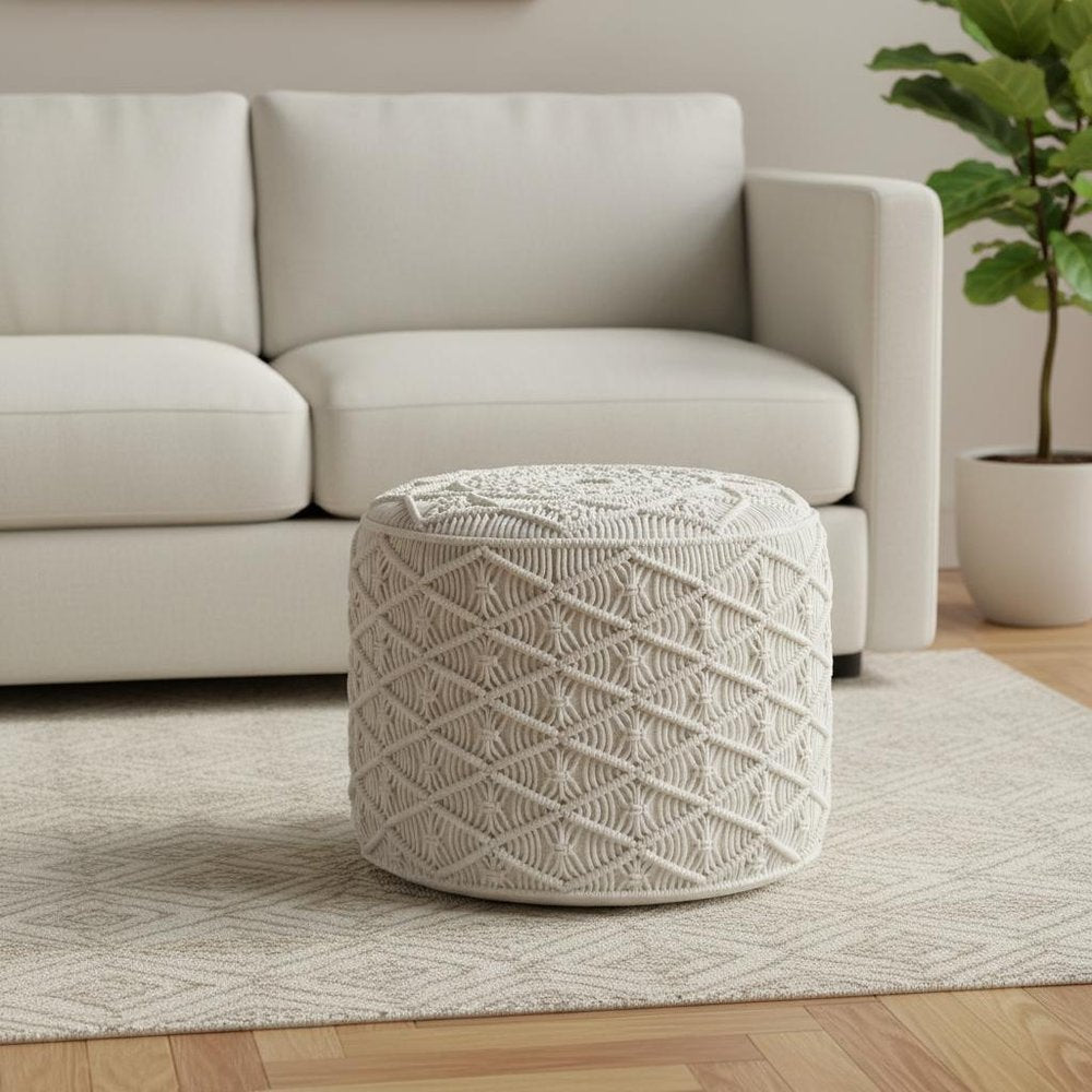 18" Off White Cotton Geometric Round Pouf Ottoman — view 5