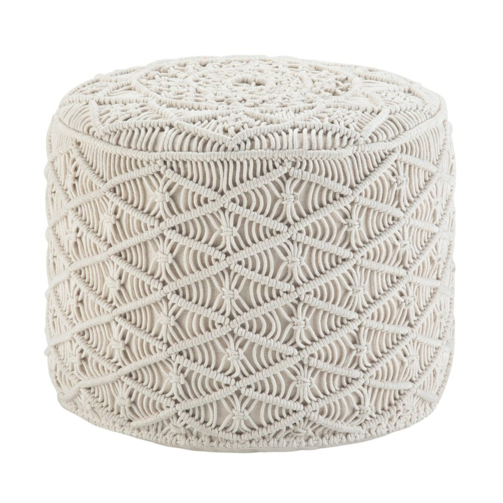 18" Off White Cotton Geometric Round Pouf Ottoman HomeRoots