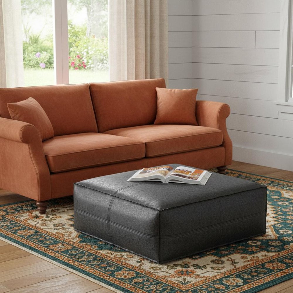 36" Black Faux Leather Pouf Ottoman HomeRoots