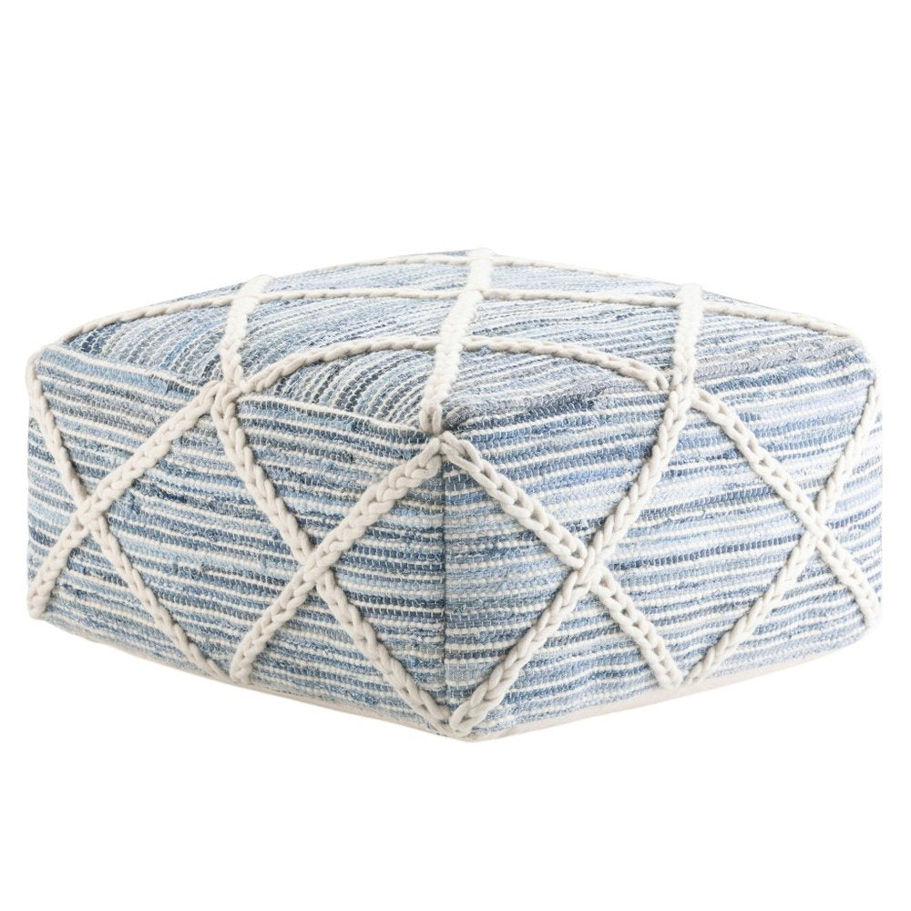 20" Blue and White Cotton and Wool Geometric Pouf Ottoman HomeRoots