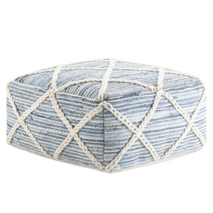 20" Blue and White Cotton and Wool Geometric Pouf Ottoman HomeRoots